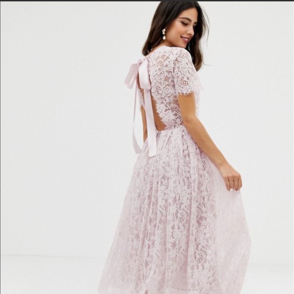 ASOS DESIGN lace midi dress w/ribbon tie open back